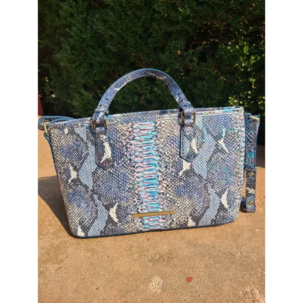Brahmin Mini Asher Satchel Marine Seville Blue Iridescent Snakeskin Leather Bag